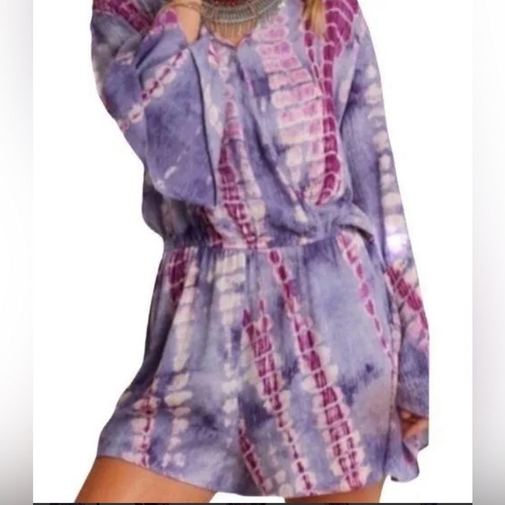 Umgee Romper Wrap Top Boho Purple Tie Dye Long Bell Sleeve Women's Size M